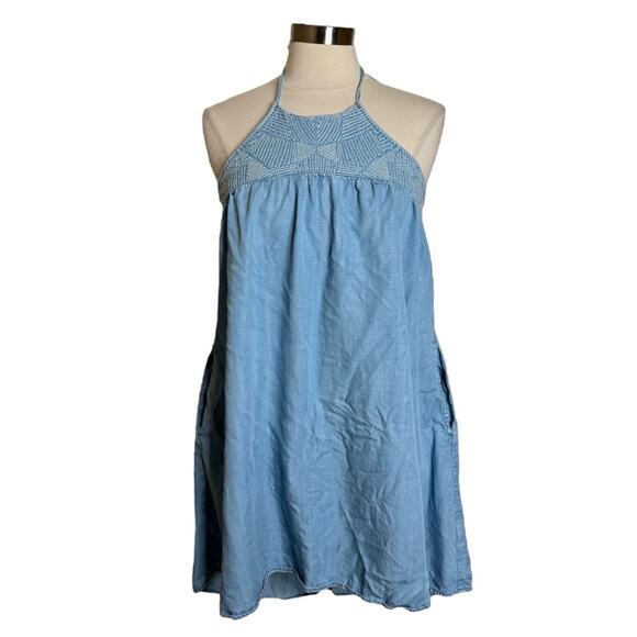 Anthropologie Cloth and Stone Embroidered Neck Chambray Halter Dress Size Small - Picture 1 of 9